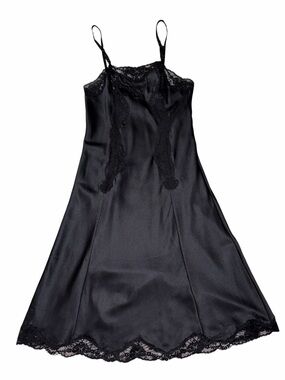Vintage Christian Dior Black Satin Midi Slip Lace Embroidered 32 X-Small Small